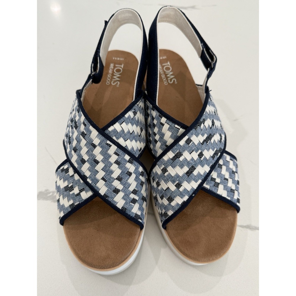 TOMS Diana‎ Crossover Platform Wedge Sandals Blue Weave Espadrille Size 9.5 EUC